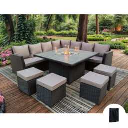 Rosen 11 Seater Rattan Garden Furniture Fire Pit Dining Corner Sofa Cube Set, Black / With Rain Cover - thumbnail 1