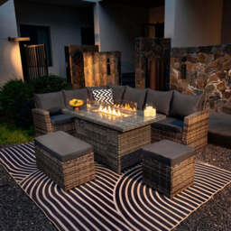 Rosen 9 Seater Rattan Garden Furniture Corner Sofa Set with Fire pit Dining Table, Grey