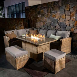 Rosen 9 Seater Rattan Garden Furniture Corner Sofa Set with Fire pit Dining Table, Natural