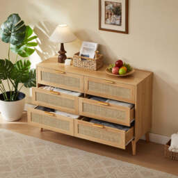 Nature Boho 4-Piece Rattan Bedroom Set with Wardrobe and Cabinets - thumbnail 1