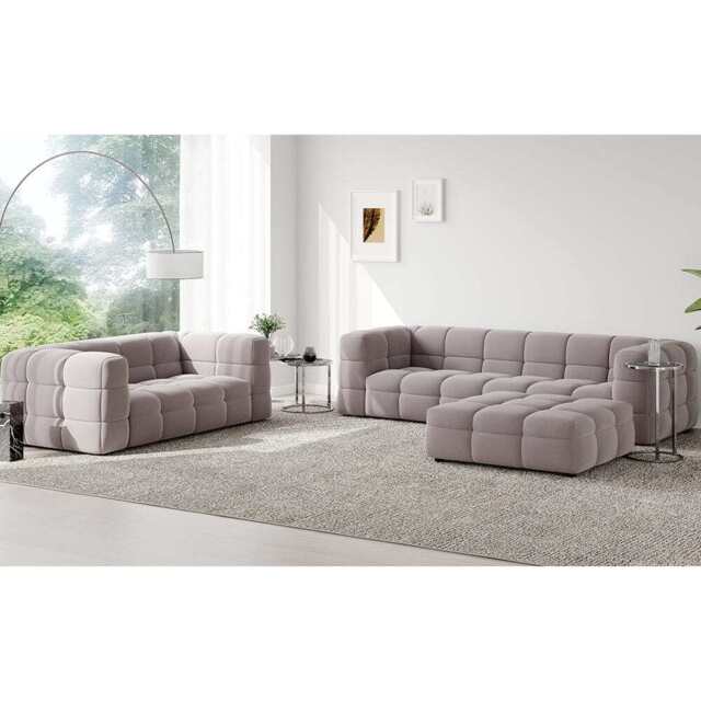 Serenity Latex Foam Boucle Sofa Ottoman Set In Taupe, Full Set 3+2 Seater With Ottoman