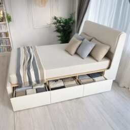 Velvet Upholstered Lift Up Ottoman Bed Frame with 3 Drawers Double Bed, Cream - thumbnail 3