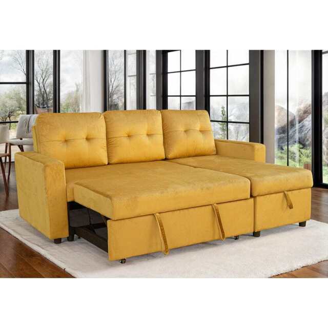 Avery Velvet Reversible Corner Sofa Bed With Storage Chaise, Mustard - image 1
