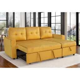 Avery Velvet Reversible Corner Sofa Bed With Storage Chaise, Mustard - thumbnail 1