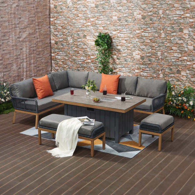 Berlin Outdoor aluminum & Rope 10-Seater Corner Sofa Set with Firepit Table - image 1