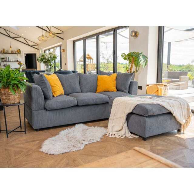 Finley Corduroy 3 Seater Sofa with Footstool And Pillows, Grey - image 1