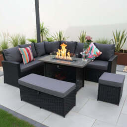 Sale Barcelona Outdoor Rattan 9-Seater Corner Dining Set With Metal Fire Pit Table, Without Raincover