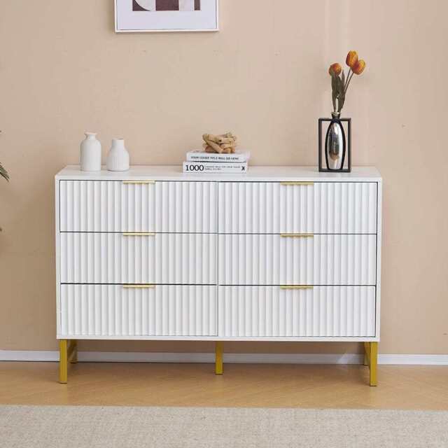 Mercury Ridged 6 Drawers Chest Beside Storage Cabinet, White - image 1