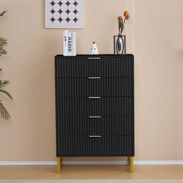 Mercury Ridged 5 Drawers Chest Storage Cabinet, Black - image 1