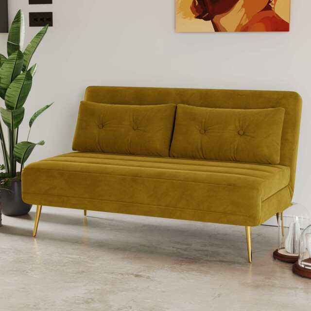 Jola Velvet Foldable 2 Seater Sofa Bed with Pillows, Mustard