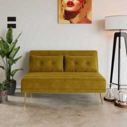 Jola Velvet Foldable 2 Seater Sofa Bed with Pillows, Mustard - thumbnail 2