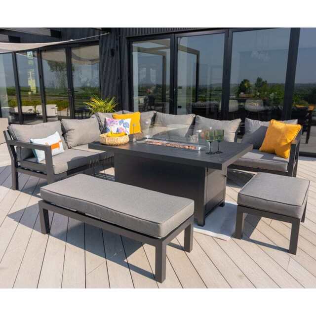 Berlin Large 9 seater Outdoor Fabric and Aluminium Corner Garden Dining Set with Fire Pit Table, With Rain Cover - image 1