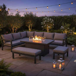 Berlin Large 9 seater Outdoor Fabric and Aluminium Corner Garden Dining Set with Fire Pit Table, With Rain Cover - thumbnail 2