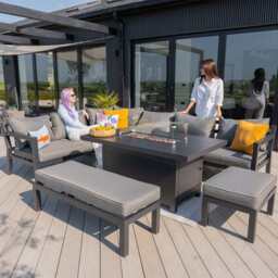 Berlin Large 9 seater Outdoor Fabric and Aluminium Corner Garden Dining Set with Fire Pit Table, With Rain Cover - thumbnail 4