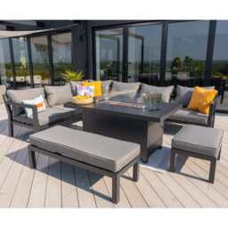 Berlin Large 9 seater Outdoor Fabric and Aluminium Corner Garden Dining Set with Fire Pit Table, With Rain Cover - thumbnail 1