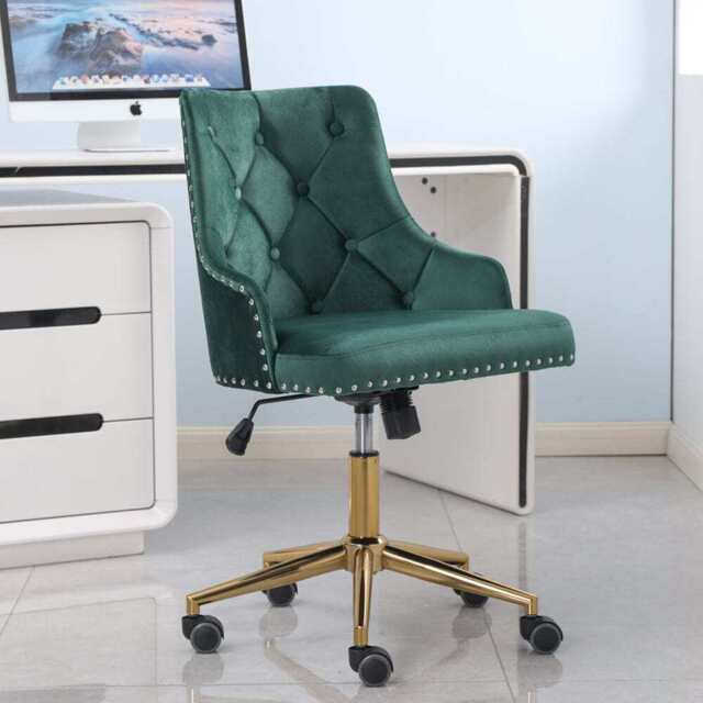 Avers Channel Tufted Velvet Office Chair with Gold Legs, Green