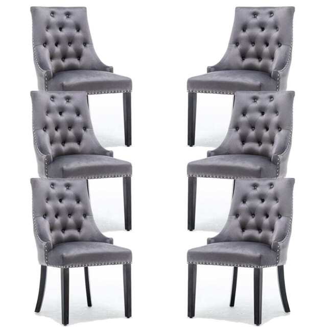 Avers Grey Velvet Button Back Dining Chairs, 6 Chairs / Rubber Wood Legs