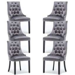 Avers Grey Velvet Button Back Dining Chairs, 6 Chairs / Rubber Wood Legs