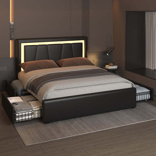 Modern White PU Bed Frame with 4 Drawers Storage and LED Light Head Board and Charging Ports, Black / King Size Frame