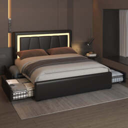 Modern White PU Bed Frame with 4 Drawers Storage and LED Light Head Board and Charging Ports, Black / King Size Frame