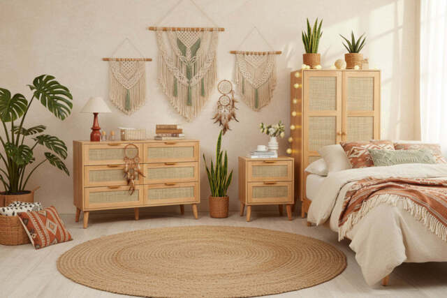 Nature Boho 4-Piece Rattan Bedroom Wardrobe Set With Chests and Bedside Cabinets - image 1