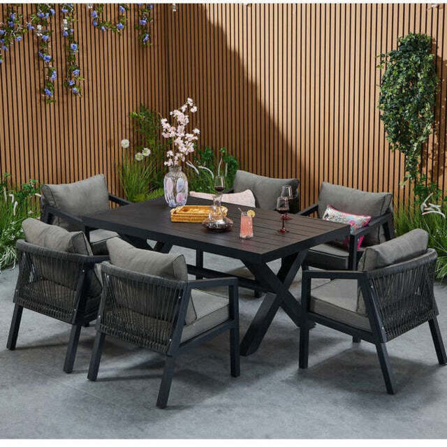 Berlin 6 seater Aluminium & Rope Patio Garden Furniture Set with Firepit Table Option, Without Fire Pit - image 1