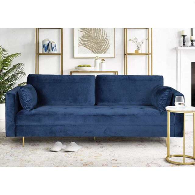 Avery Velvet 3 Seater Sofa with 2 Scatter Cushions, Blue - image 1