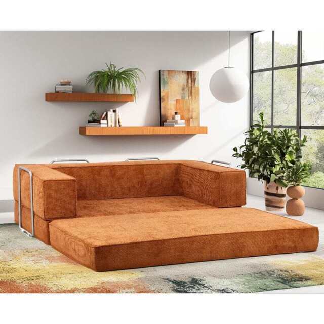 Hugspacee Velvet Compressed Daybed Upholstered Lounge Sofa, Orange