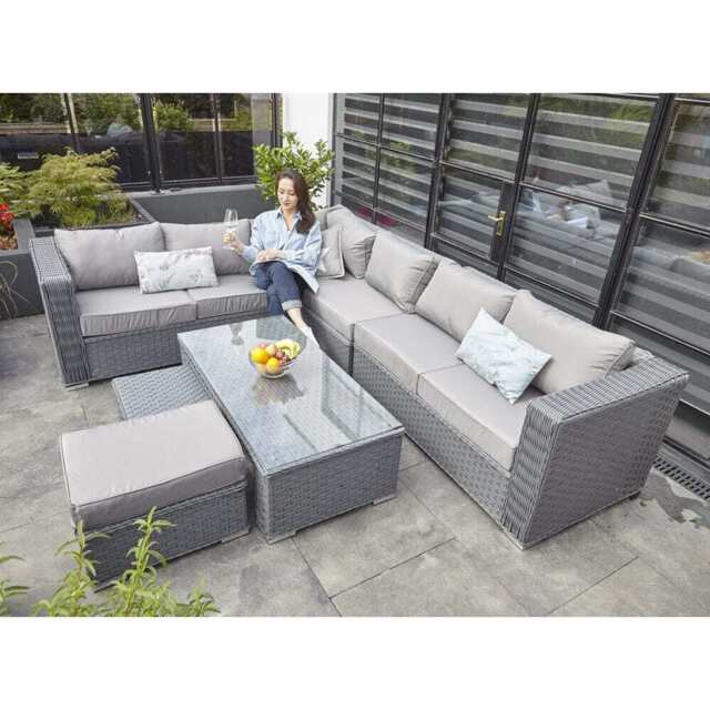 Papaver 8 Seater Rattan Furniture Garden Sofa Set In Grey, Grey No Rain Cover