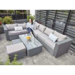 Papaver 8 Seater Rattan Furniture Garden Sofa Set In Grey, Grey No Rain Cover