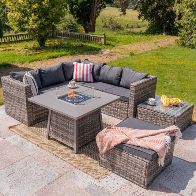 Vancouver 6 Seater Rattan Garden Corner Sofa Set with Cubic Fire Pit Table and Rain cover - image 1