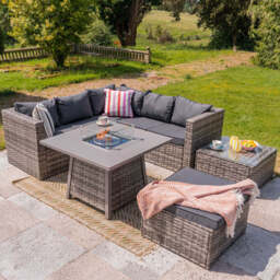 Vancouver 6 Seater Rattan Garden Corner Sofa Set with Cubic Fire Pit Table and Rain cover