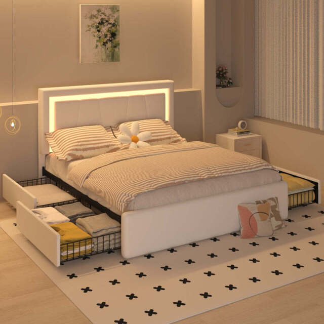 Modern White PU Bed Frame with 4 Drawers Storage and LED Light Head Board and Charging Ports, White / King Size Frame