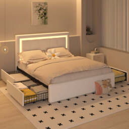Modern White PU Bed Frame with 4 Drawers Storage and LED Light Head Board and Charging Ports, White / King Size Frame