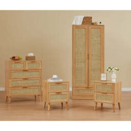 Boho 4-Piece Rattan Bedroom Set with 2-Door Wardrobe and Chest and Bedside Cabinets - thumbnail 1