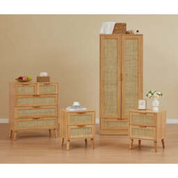 Boho 4-Piece Rattan Bedroom Set with 2-Door Wardrobe and Chest and Bedside Cabinets - thumbnail 2