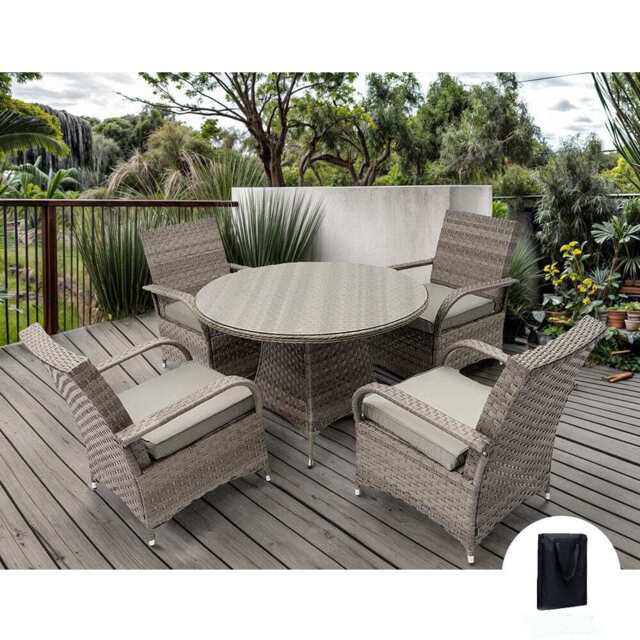 Aura 4 Seater Round Dining Table Set Rattan Garden Set, Grey / With Rain Cover - image 1