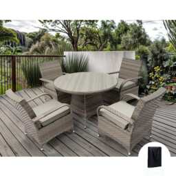 Aura 4 Seater Round Dining Table Set Rattan Garden Set, Grey / With Rain Cover