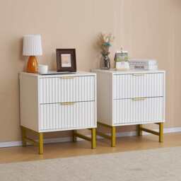Mercury Ridged 2 Drawers Storage Bedside Table, Two Bedside Tables (White) - thumbnail 1