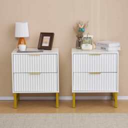 Mercury Ridged 2 Drawers Storage Bedside Table, Two Bedside Tables (White) - thumbnail 2
