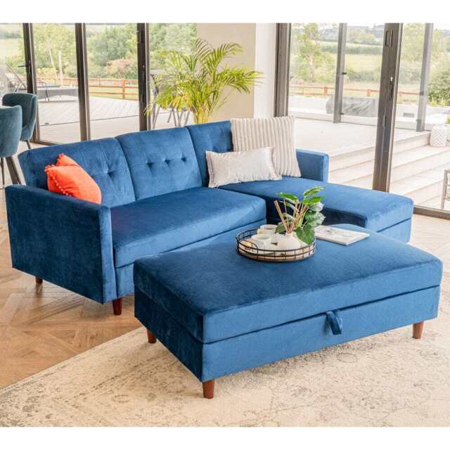 Destin Reversible Blue Corner Sofa With Storage Chaise and Ottoman Bench, Full Set With Ottoman Bench