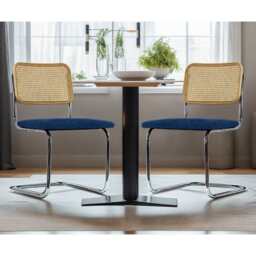 Set Of 2 Boho Velvet Dining Chair With Rattan Backrest, Dark Blue - thumbnail 2
