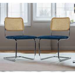 Set Of 2 Boho Velvet Dining Chair With Rattan Backrest, Dark Blue - thumbnail 4