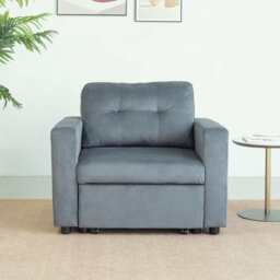 Upholstered Foldable Sofa Bed Pullout Sofa Convertible Sleeper Chair With Arms, Grey Velvet / Single - thumbnail 3