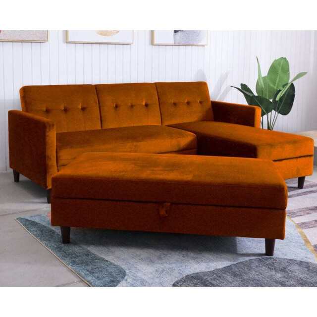 Destin Reversible Orange Velvet Corner Sofa With Storage Chaise and Ottoman Bench, Full Set With Ottoman Bench