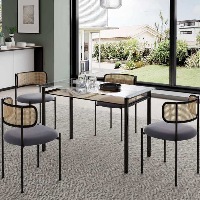 Boho 120CM Glass Top Rattan Dining Table Set With Chairs And Bench, With 4 Curved Chairs