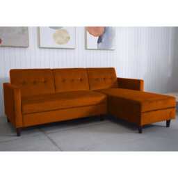 Destin Reversible Orange Velvet Corner Sofa With Storage Chaise and Ottoman Bench, Corner Sofa Set