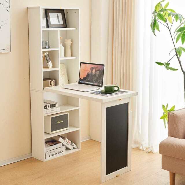 Heritage Foldable Wooden Convertible Office Desk Bookshelf With Blackboard, White