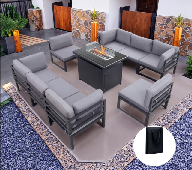 Hamburg Outdoor 8-Seater Garden Modular Aluminum Dining Set With Fire Pit Table, With Rain Cover