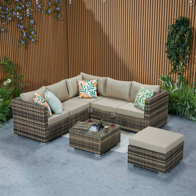 Vancouver Steel Frame 6‑Seater Corner Sofa Set with Ice Bucket Coffee Table, Brown - image 1